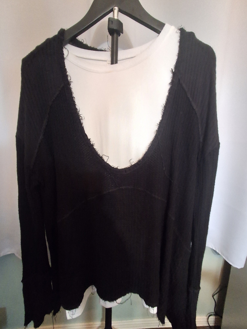 Free People Black Scoop-Neck Raw Edge Oversized Sweater